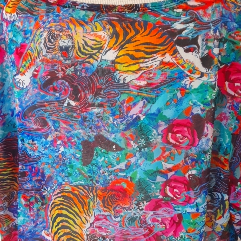 Exotica Size XXL Floral Tiger Print Mesh Top Size 18 approx - Picture 5 of 8